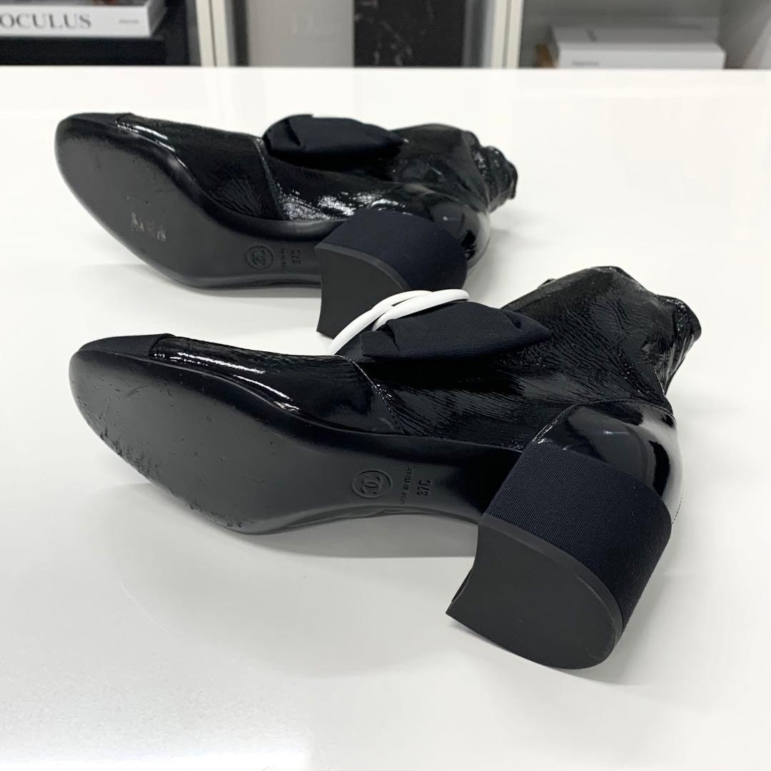 Chanel Camellia Ribbon CC Logo Patent Wrinkled Short Boots — view 7