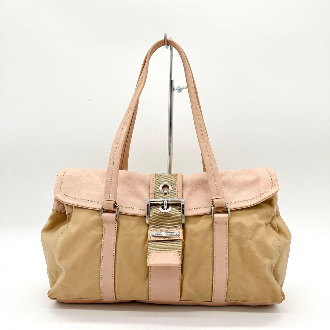 Prada Shoulder Bag Triangle Logo Plate Nylon Pink Brown
