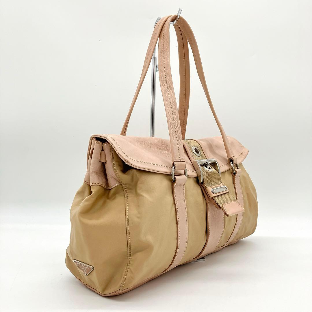 Prada Shoulder Bag Triangle Logo Plate Nylon Pink Brown