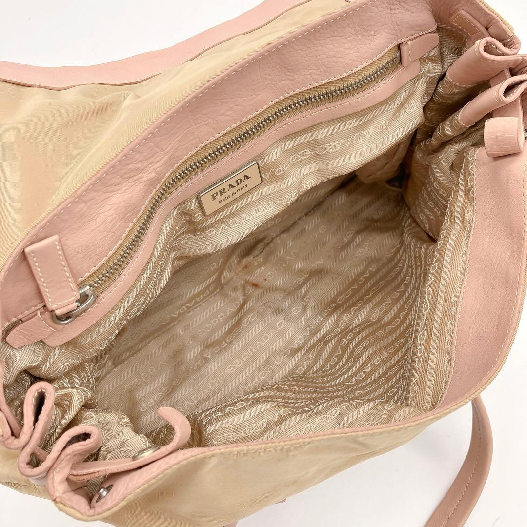 Prada Shoulder Bag Triangle Logo Plate Nylon Pink Brown