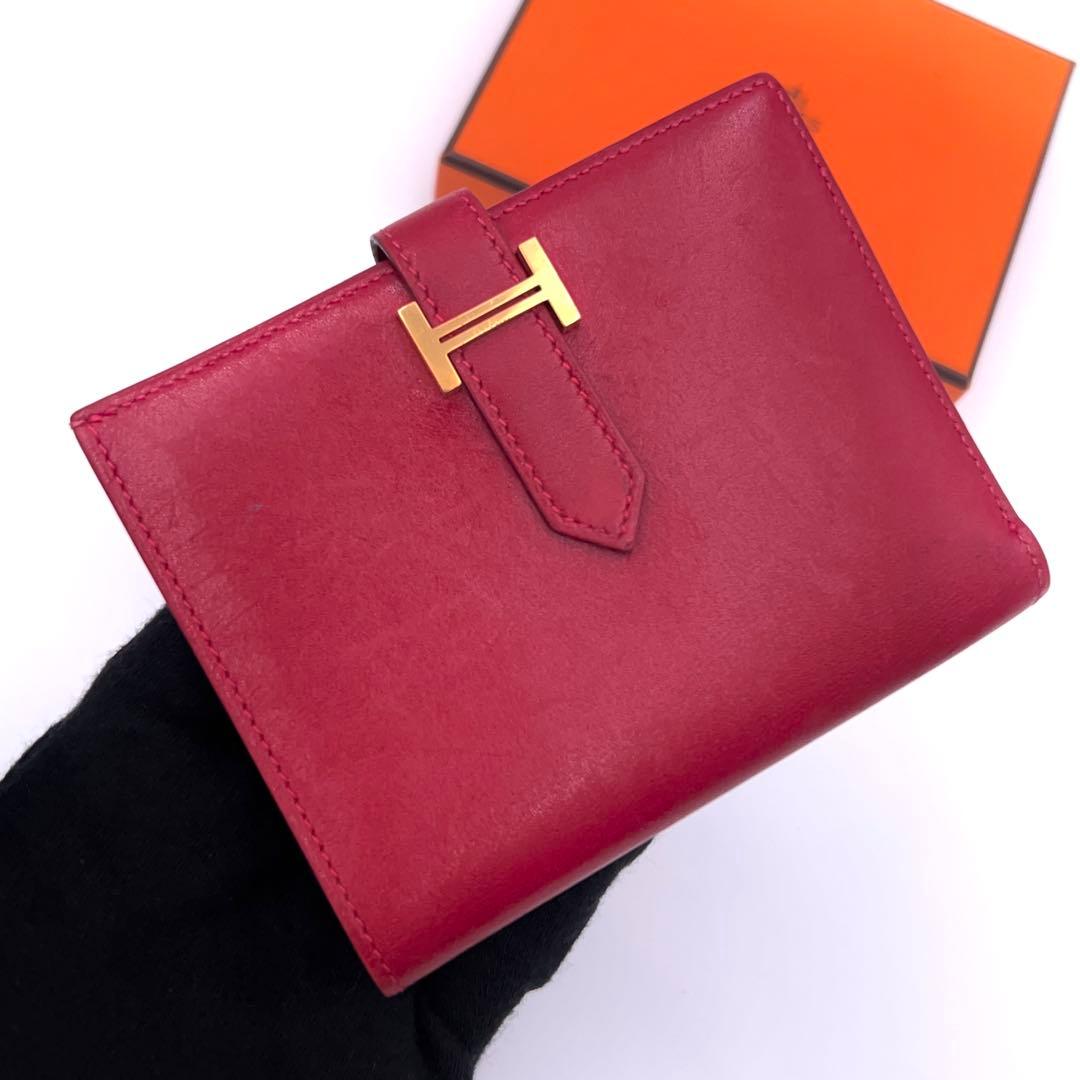 Hermes Bearn Compact Box Calf Red Bifold Wallet