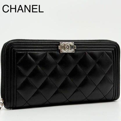 Chanel Boy Zip Around Wallet Black CC Logo