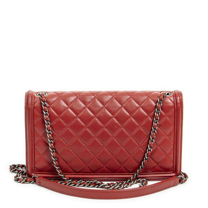 Chanel Studded Horizontal Boy Brick Flap Red Matelasse Lambskin Leather A