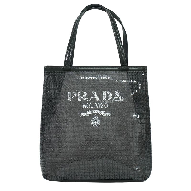 Authentic Prada Sequined Mesh Tote Handbag Black Bag Pre-owned [follow-up