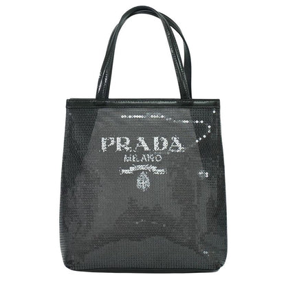 Authentic Prada Sequined Mesh Tote Handbag Black Bag Pre-owned [follow-up