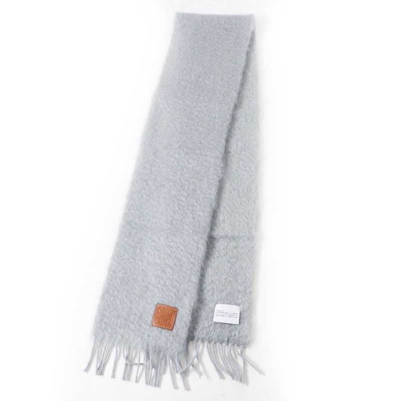 LOEWE Mohair Wool Anagram Leather Patch Fringed Scarf Gray Made In Spain