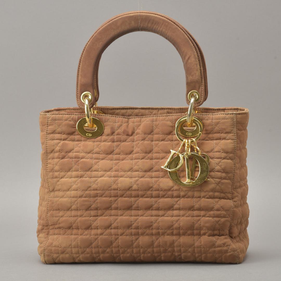 Dior Lady Dior Cannage Handbag Nylon Brown Beige