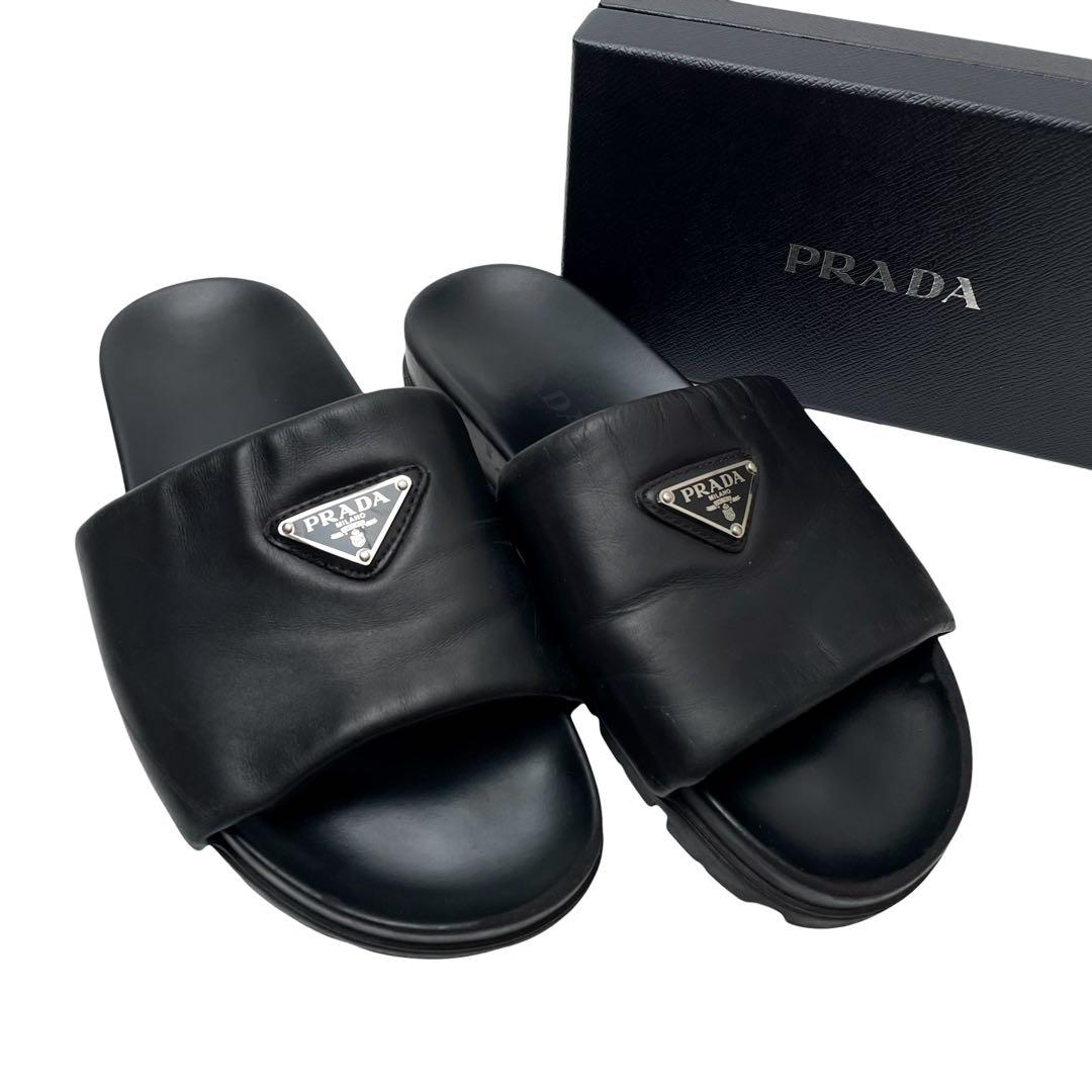 Prada Nappa Leather Triangle Plate Logo Sandals Black