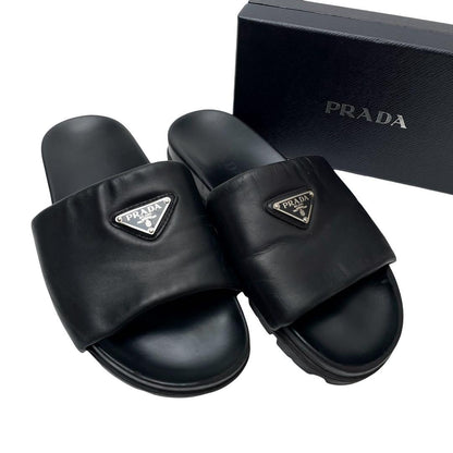 Prada Nappa Leather Triangle Plate Logo Sandals Black