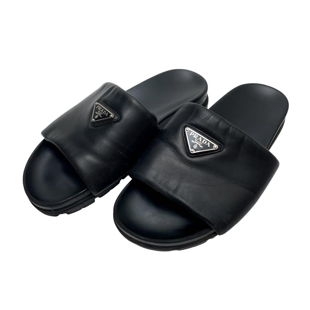 Prada Nappa Leather Triangle Plate Logo Sandals Black — view 2