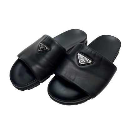 Prada Nappa Leather Triangle Plate Logo Sandals Black — view 2
