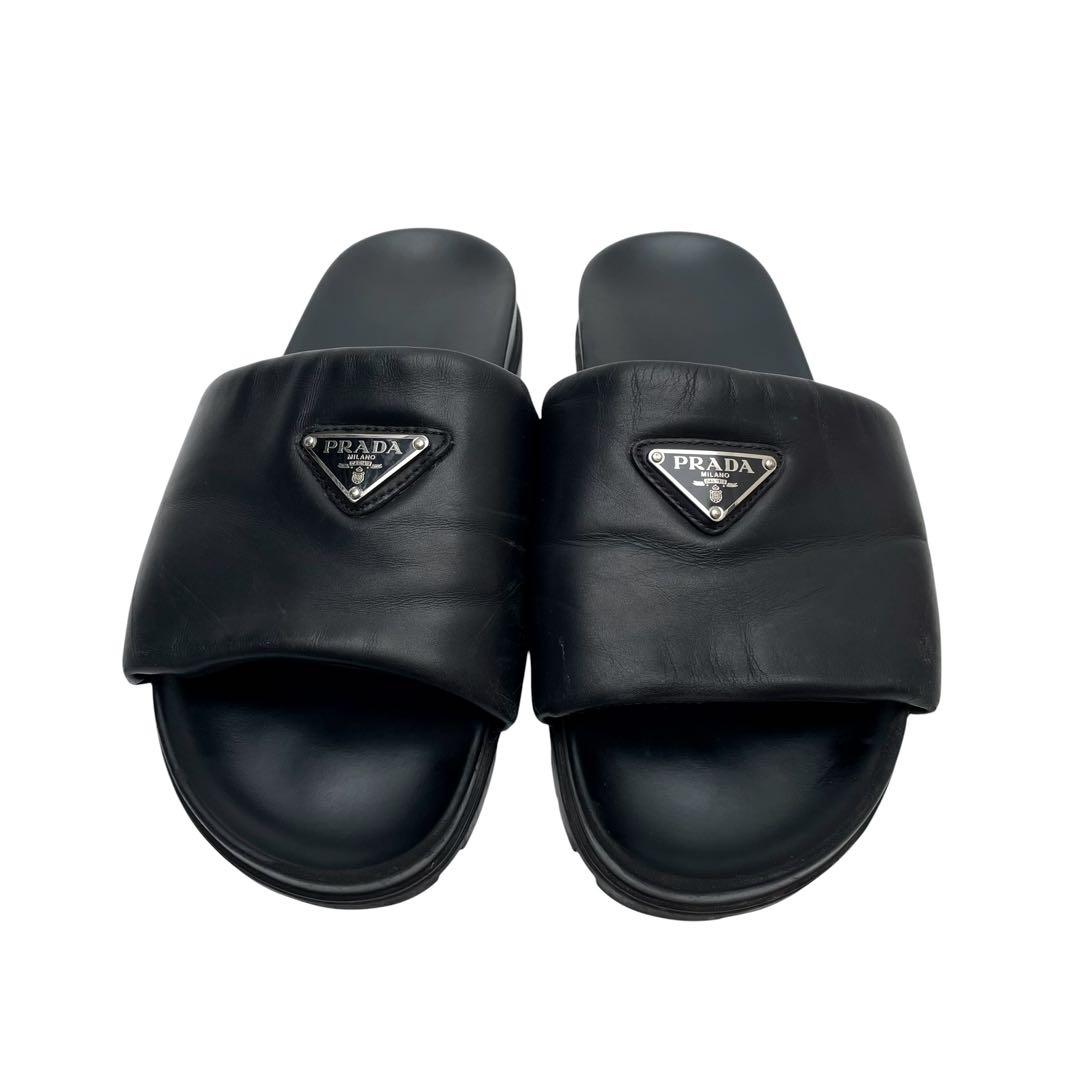 Prada Nappa Leather Triangle Plate Logo Sandals Black — view 3