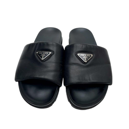 Prada Nappa Leather Triangle Plate Logo Sandals Black — view 3