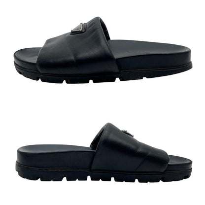 Prada Nappa Leather Triangle Plate Logo Sandals Black — view 6