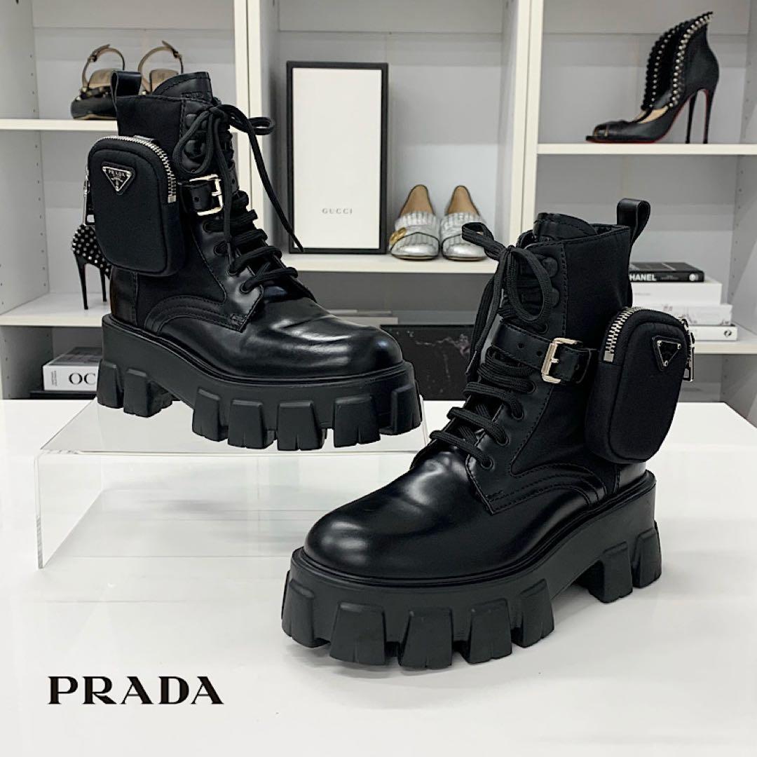Prada Monolith Triangle Logo Re-Nylon Leather Combat Boots