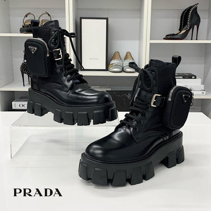 Prada Monolith Triangle Logo Re-Nylon Leather Combat Boots