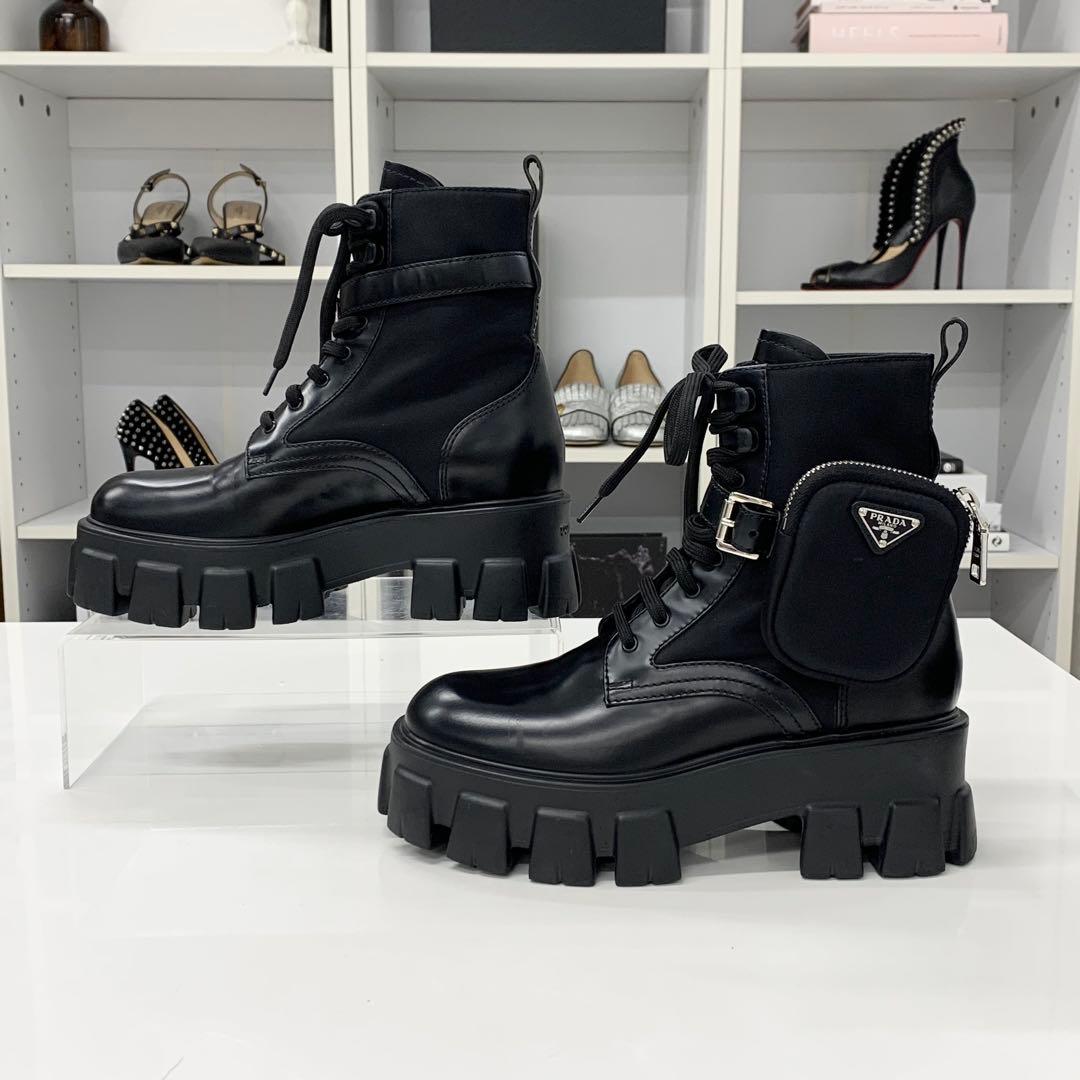 Prada Monolith Triangle Logo Re-Nylon Leather Combat Boots — view 2