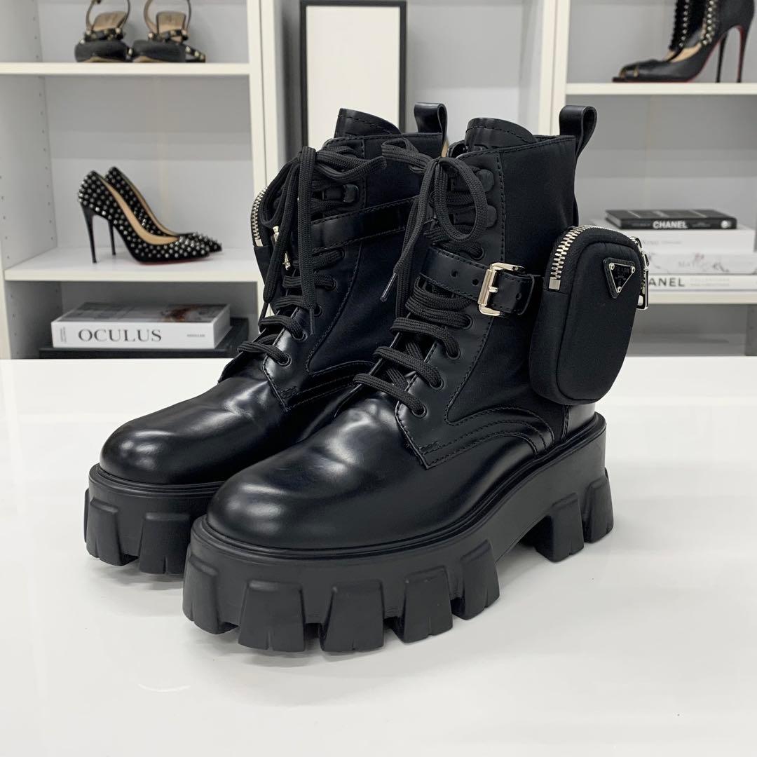 Prada Monolith Triangle Logo Re-Nylon Leather Combat Boots — view 3
