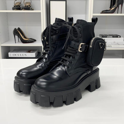 Prada Monolith Triangle Logo Re-Nylon Leather Combat Boots — view 3