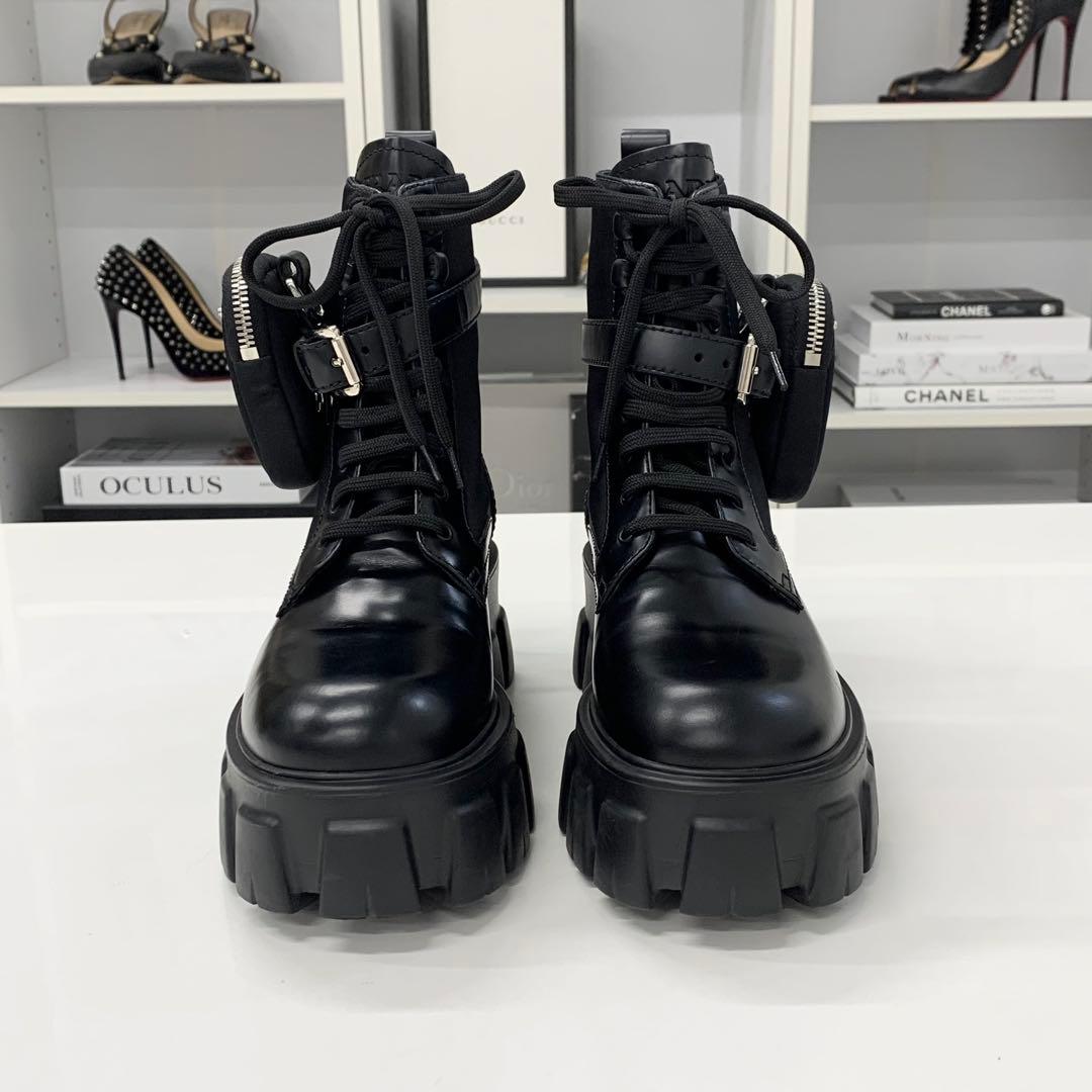 Prada Monolith Triangle Logo Re-Nylon Leather Combat Boots — view 4