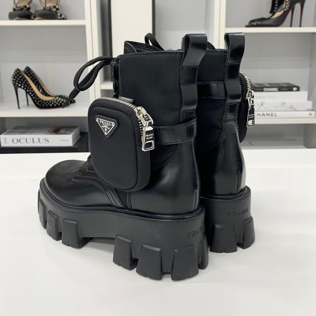 Prada Monolith Triangle Logo Re-Nylon Leather Combat Boots — view 5