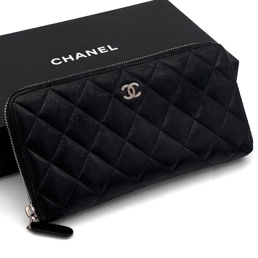 Chanel Quilted Lambskin Zip Around Wallet Black