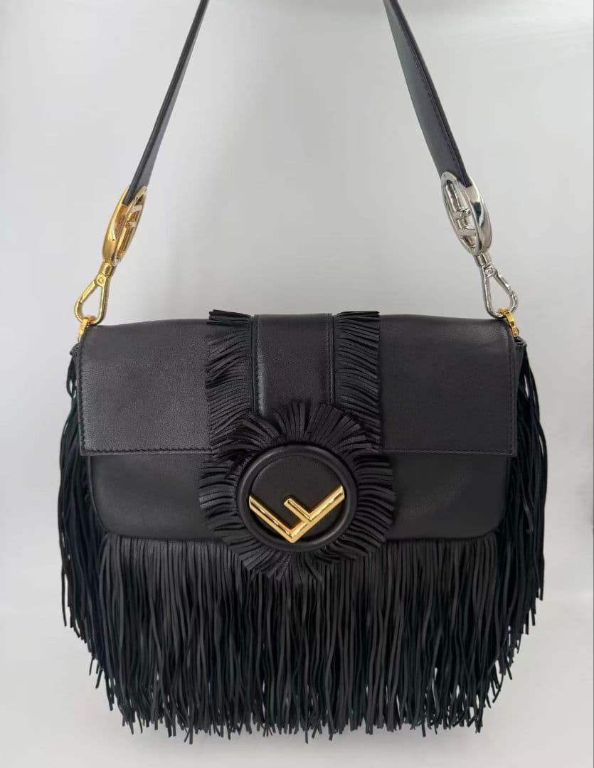 Fendi Fringe Baguette Shoulder Bag Black