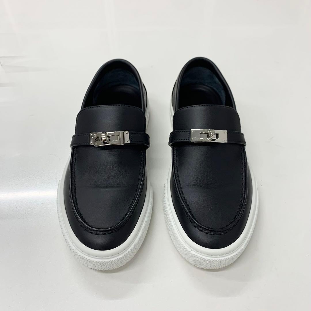 Hermes Game Leather Kelly Slip Ons Black Heel