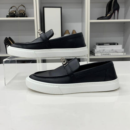 Hermes Game Leather Kelly Slip Ons Black Heel