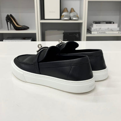 Hermes Game Leather Kelly Slip Ons Black Heel