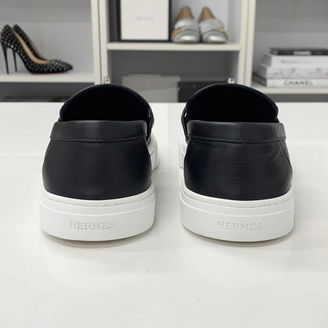 Hermes Game Leather Kelly Slip Ons Black Heel