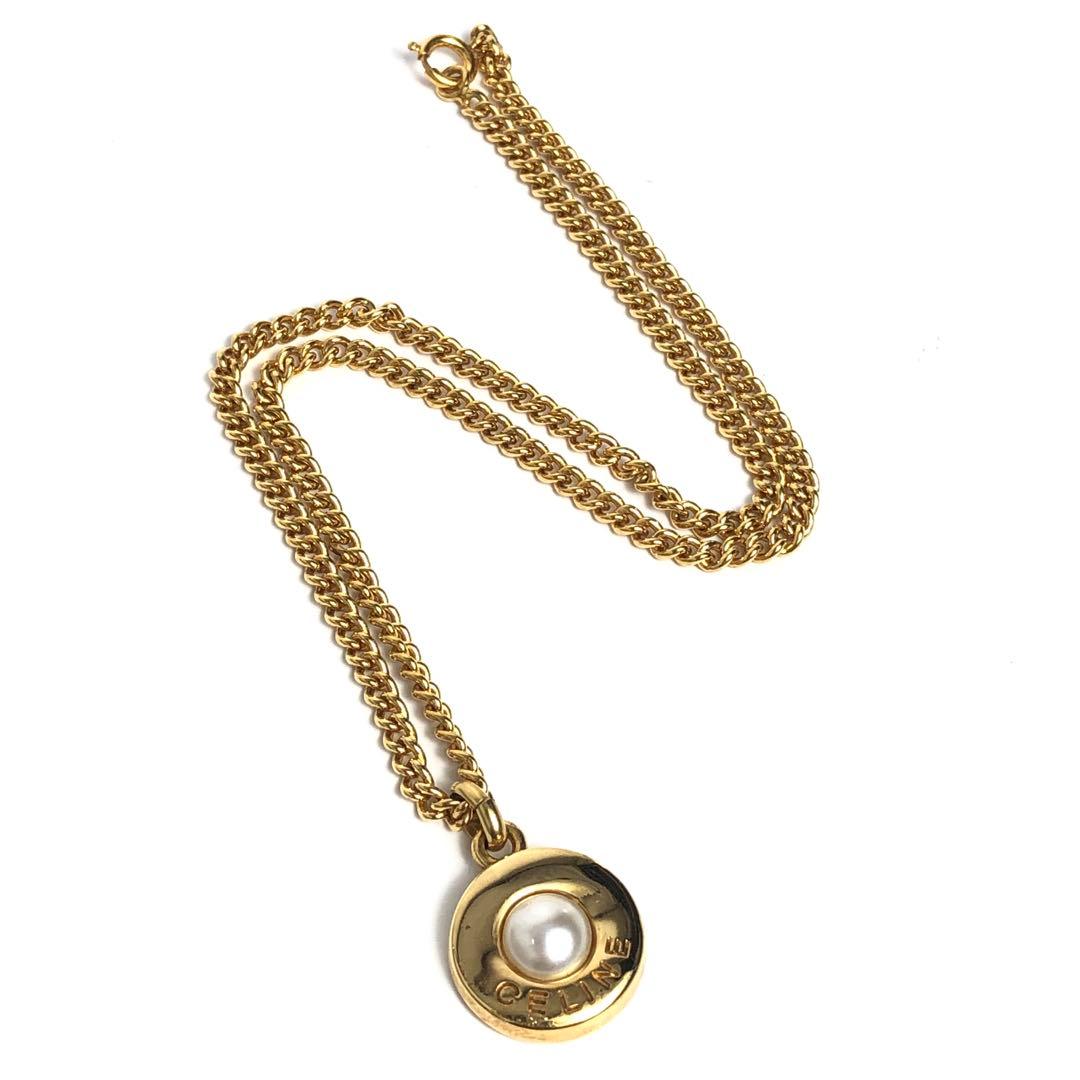 Celine Necklace Gold-colored Pearl Circle Logo Round Shape