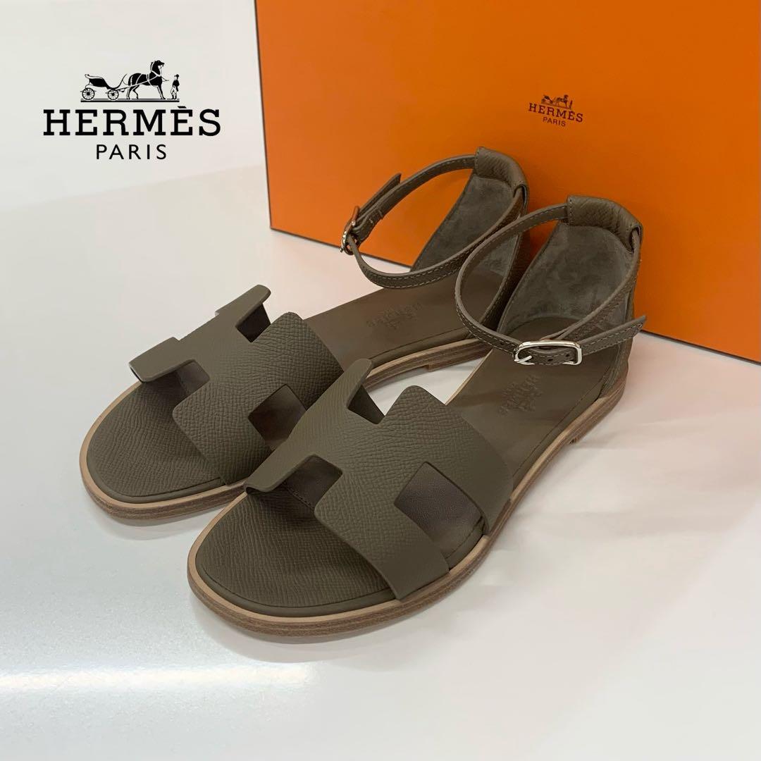Hermes Santorini Leather Strap Flat Sandals Etoupe