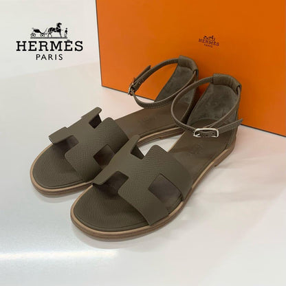 Hermes Santorini Leather Strap Flat Sandals Etoupe