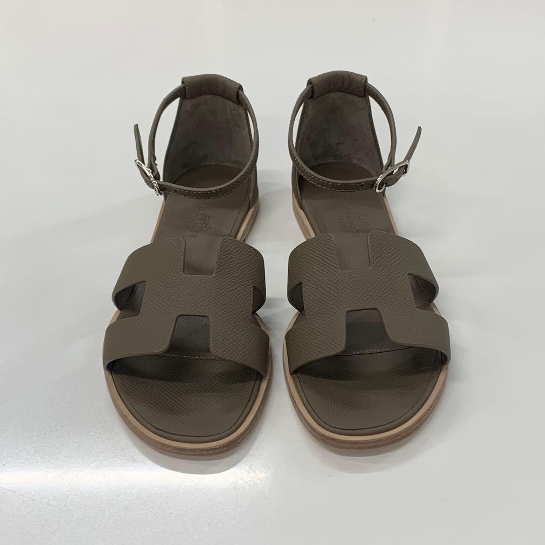 Hermes Santorini Leather Strap Flat Sandals Etoupe — view 2