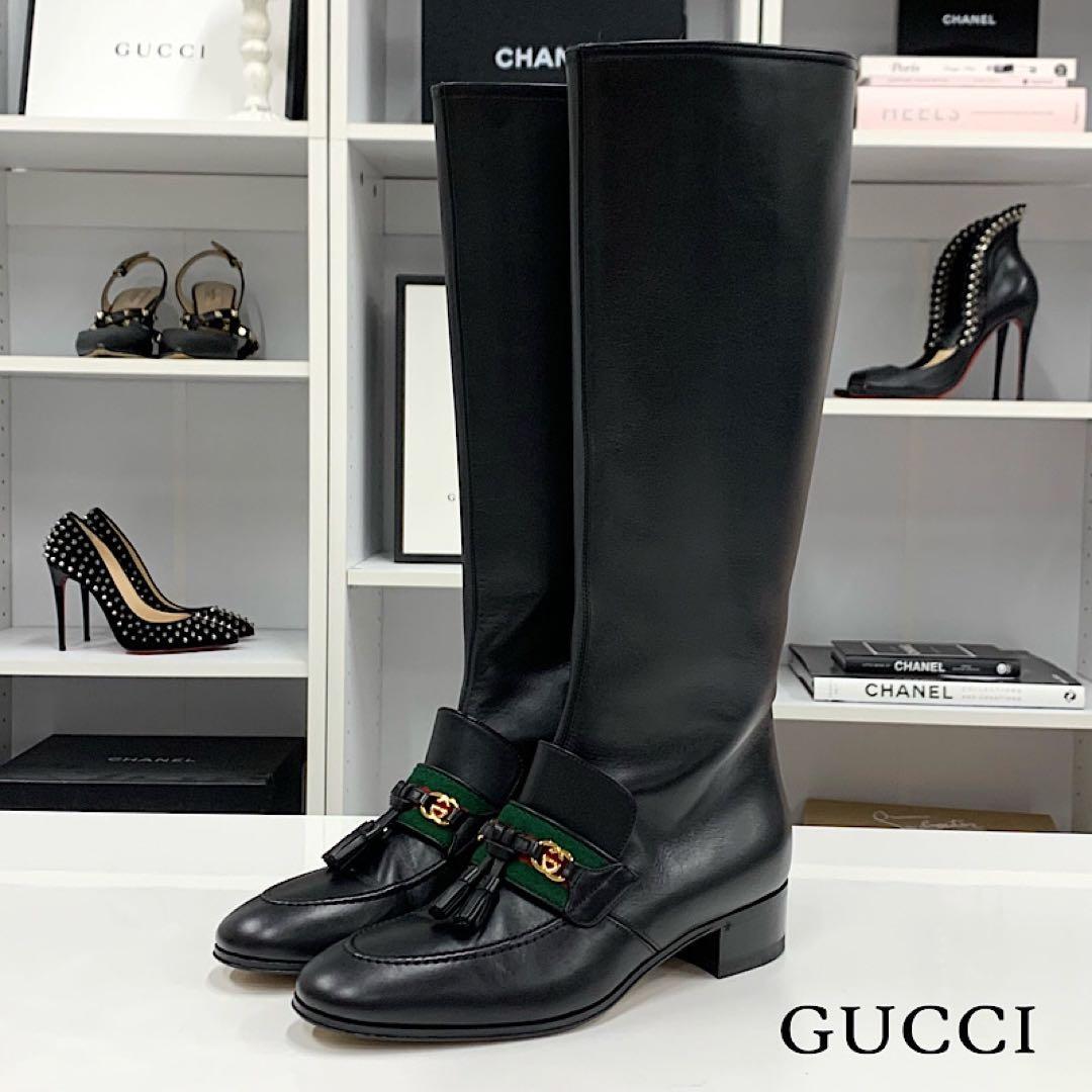 Gucci Leather Tassel Sherry Line Long Boots Black