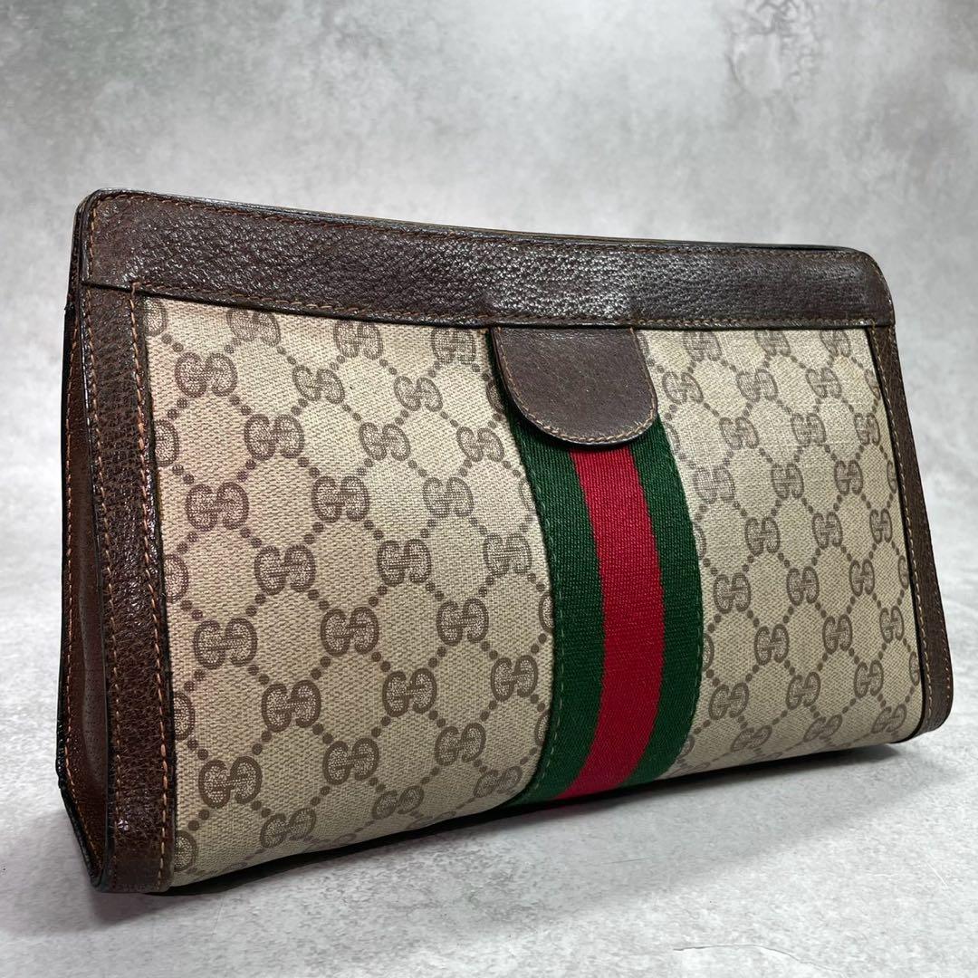 Gucci GG Sherry Line Clutch Brown Beige Logo