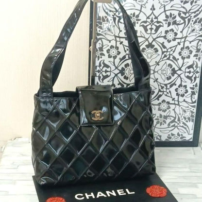 Chanel Quilted Enamel Tote Shoulder Bag Black