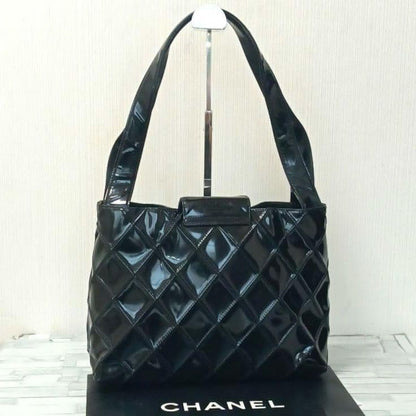 Chanel Quilted Enamel Tote Shoulder Bag Black — view 2