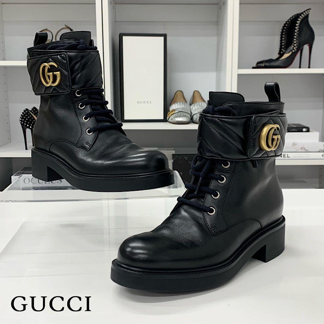 Gucci Leather Double Quilted Short Boots Black Gold
