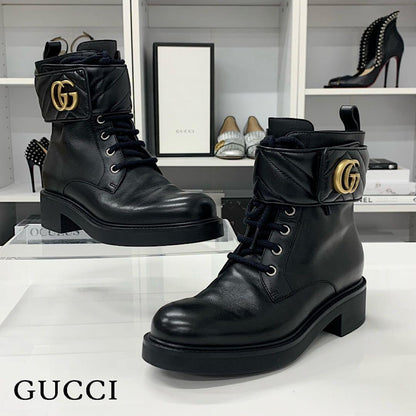 Gucci Leather Double Quilted Short Boots Black Gold
