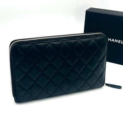 Chanel Quilted Zip Around Wallet Lambskin Silver Black