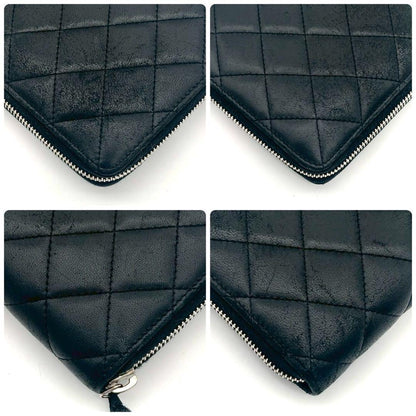 Chanel Quilted Zip Around Wallet Lambskin Silver Black