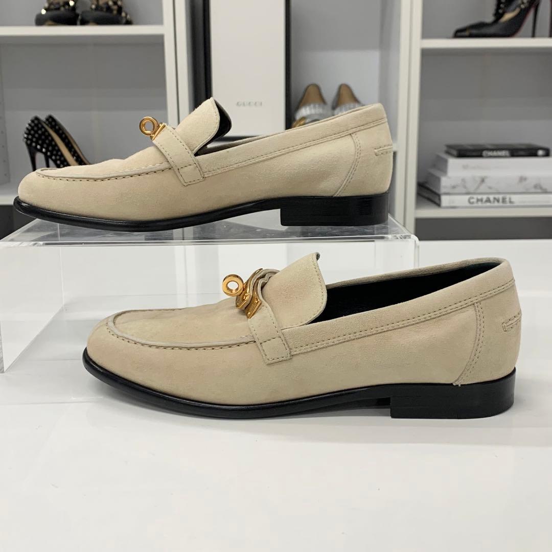 Hermes D'estaing Suede Kelly Hardware Loafers Beige