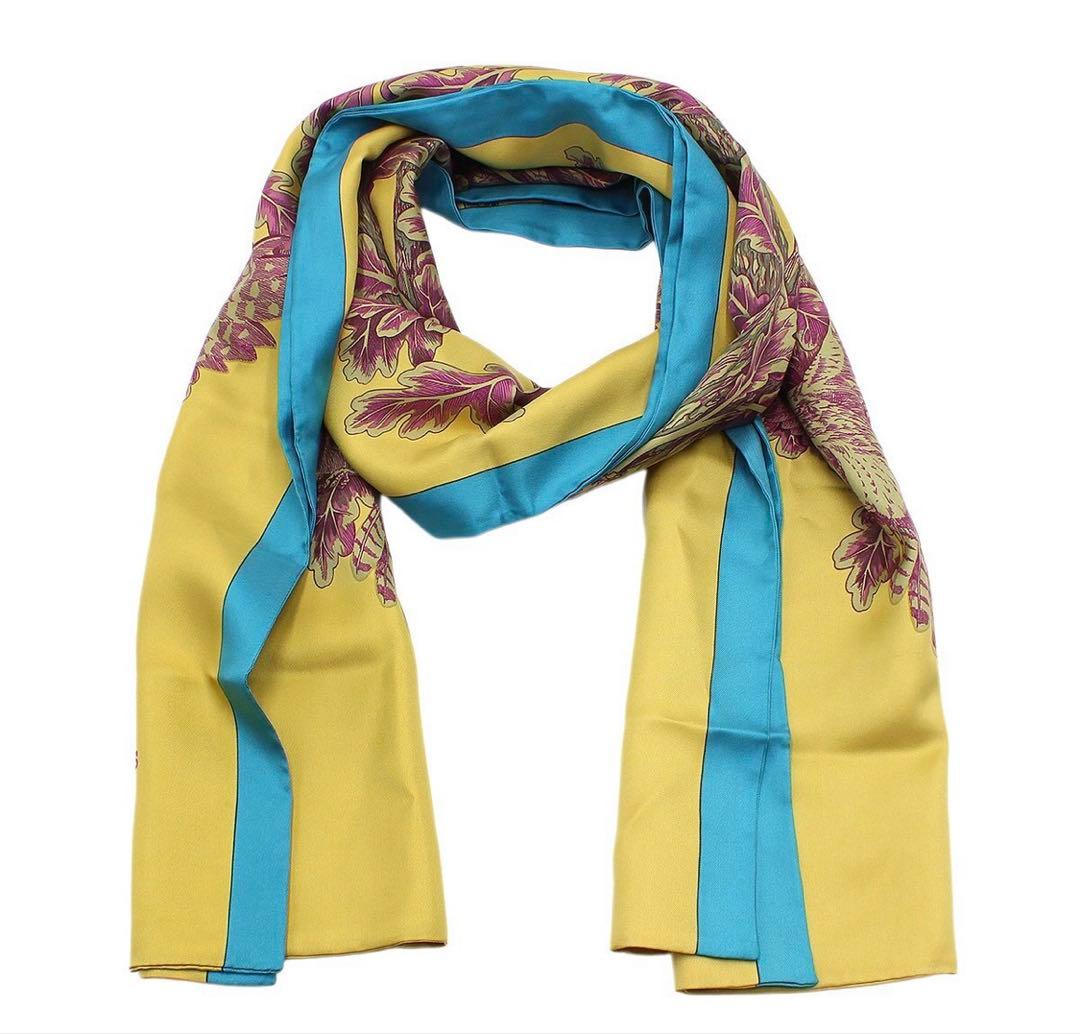 Hermes Silk Shawl Plant Bird Turquoise X Mustard