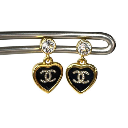 Chanel Earrings CC Logo Heart Black Gold — view 3