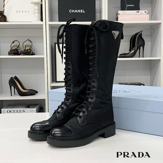Prada Re-Nylon Triangle Logo Nylon Leather Long Boots