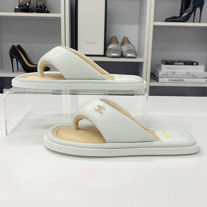 Chanel CC Logo Leather Thong Sandals White