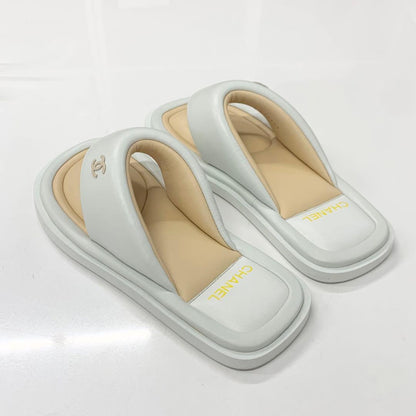 Chanel CC Logo Leather Thong Sandals White