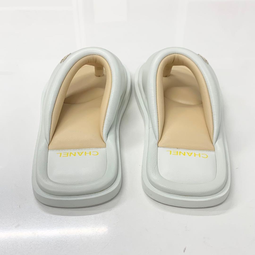 Chanel CC Logo Leather Thong Sandals White